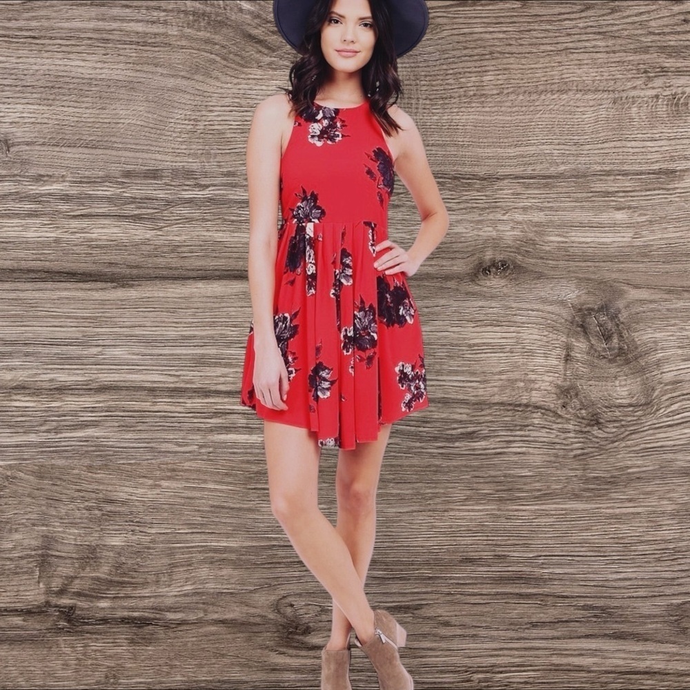 Free People ‘Flutter By Floral’ Red & Black Patterned Mini Skater Dress Size 0